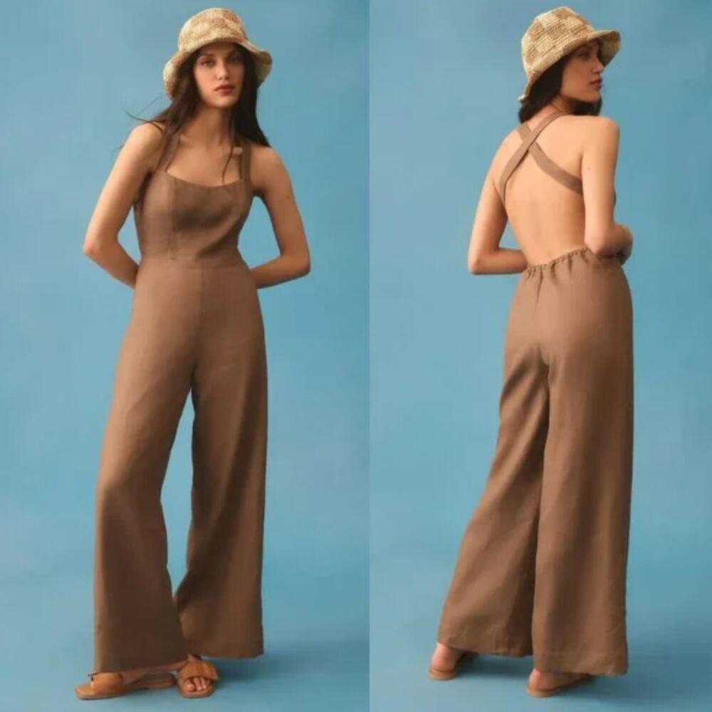 Reformation‎ Autumn Linen Jumpsuit Size 0 Mushroom Brown Wide Leg One Piece